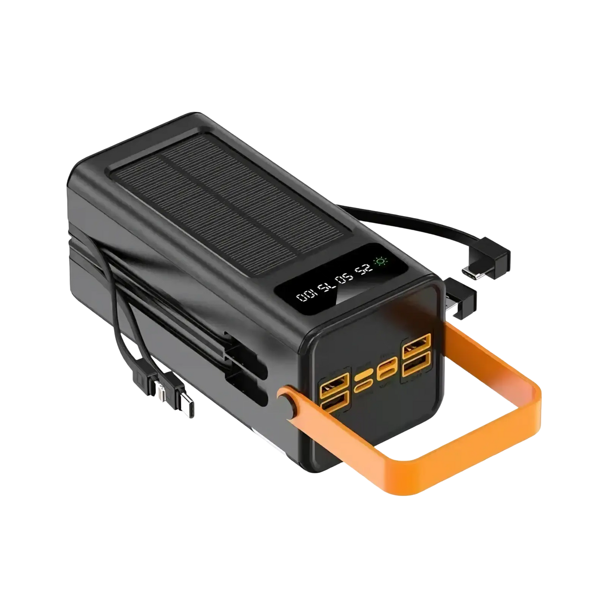 Black 120w portable power bank 50000mah with solar power, orange handle, and multiple usb ports for fast charging