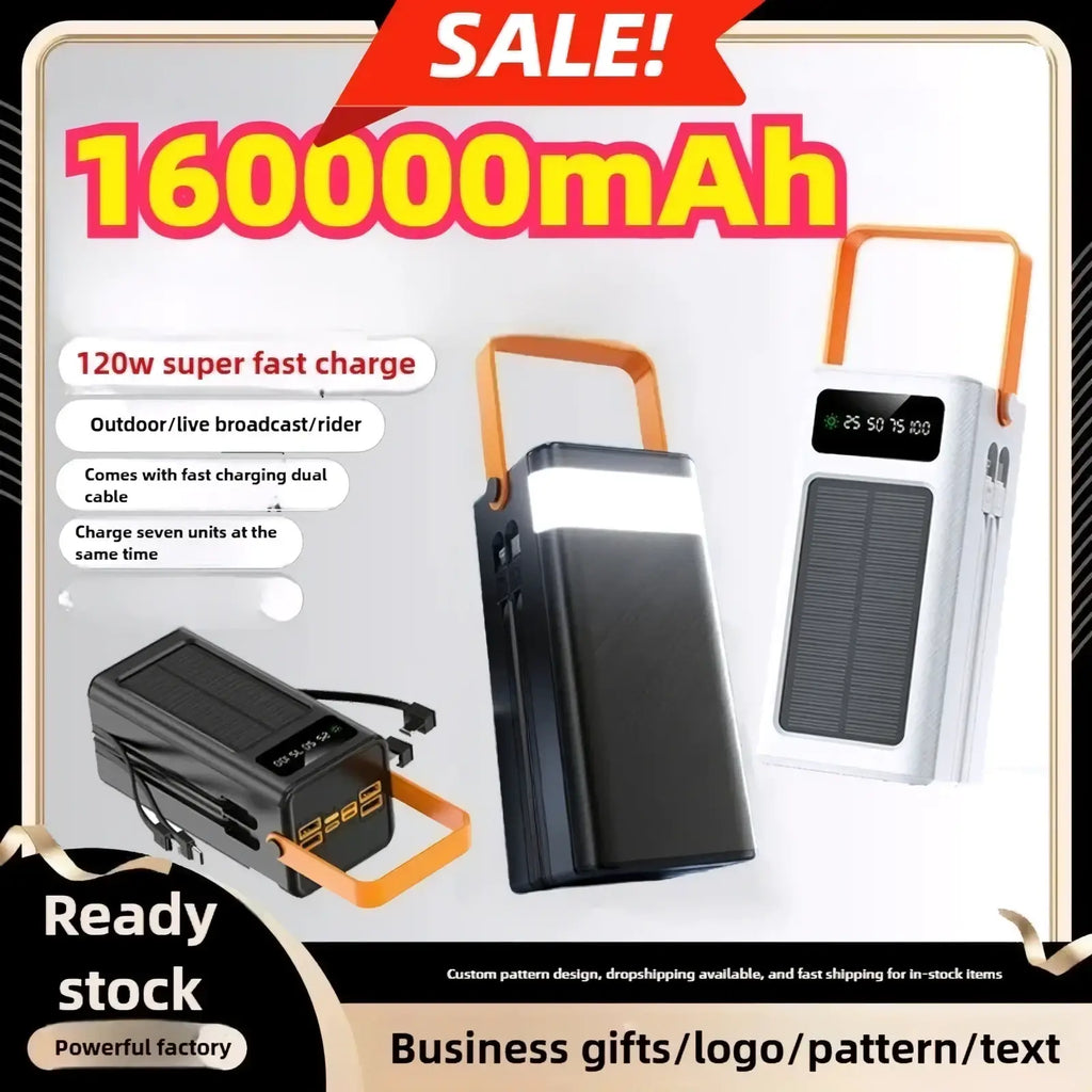 Black and white 120w portable power bank 50000mah with orange handles digital display and built-in led lights