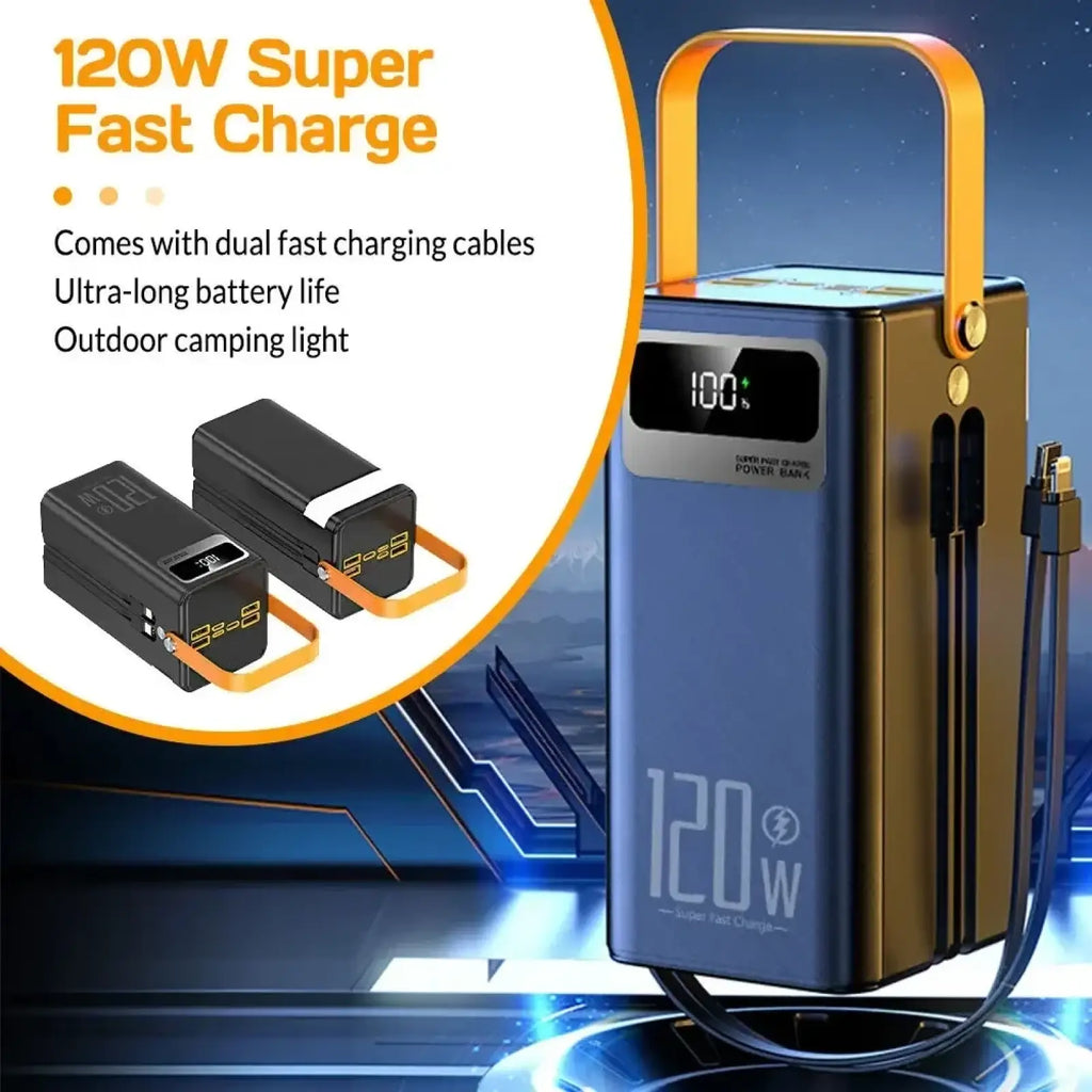 Blue and gold 120w portable power bank 50000mah with super fast charging and handle for easy carrying
