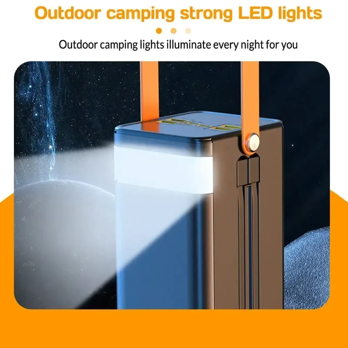 A sleek rectangular 120w portable power bank with a dark brown body and orange strap for outdoor camping use
