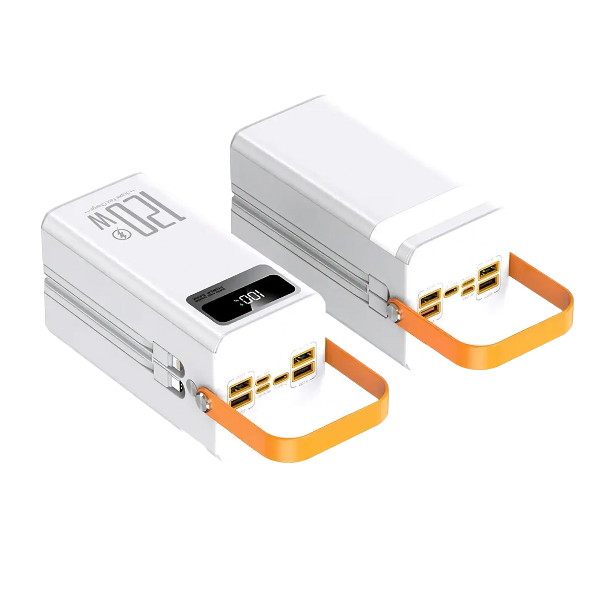 White rectangular 120w portable power bank 50000mah with orange handle multiple usb ports and digital display