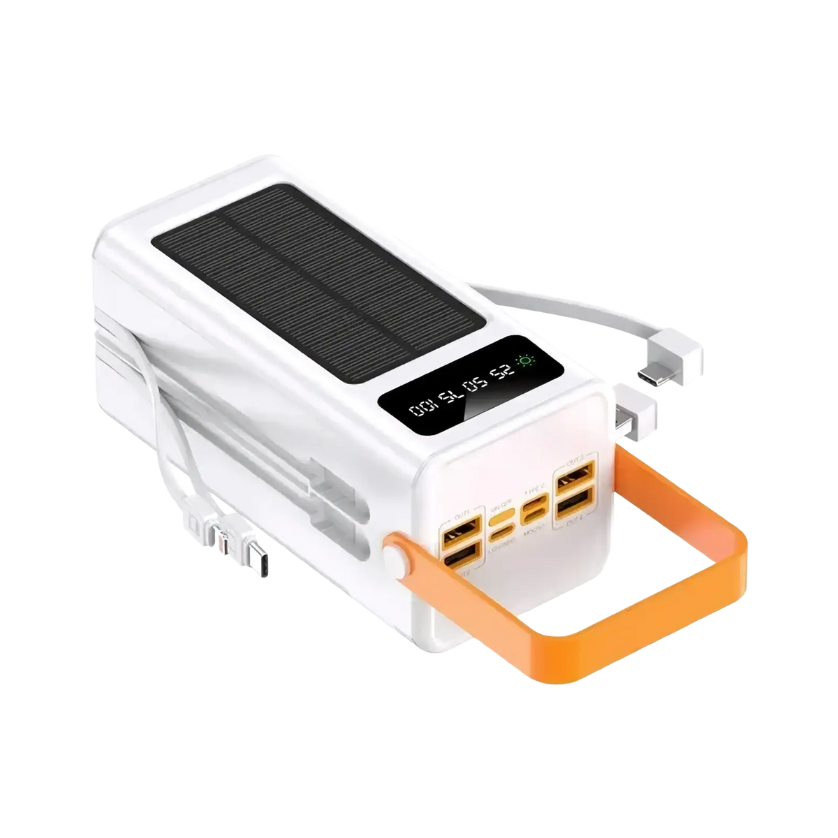 White solar-powered 120w portable power bank 50000mah with orange handle and multiple usb ports for fast charging