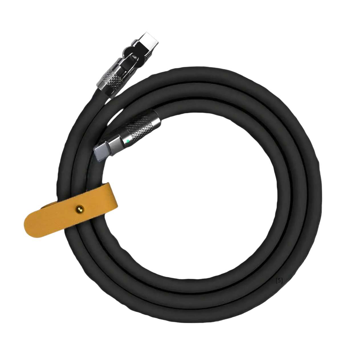 Black braided 120w rotating silicone usb c cable with silver connectors and yellow leather strap for organized charging