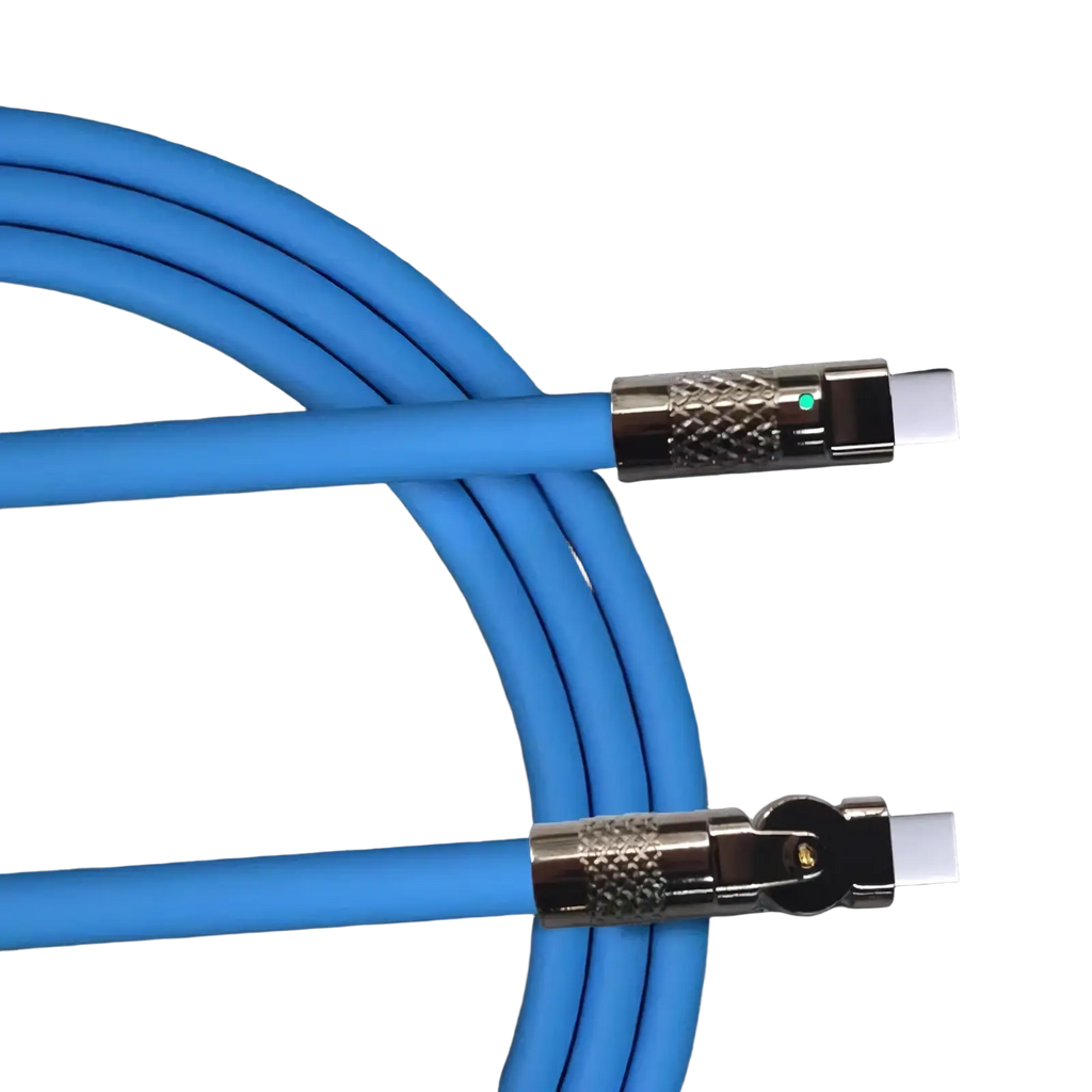 Blue braided 120w rotating silicone usb c cable with metallic hdmi connectors available in 1m and 2m lengths