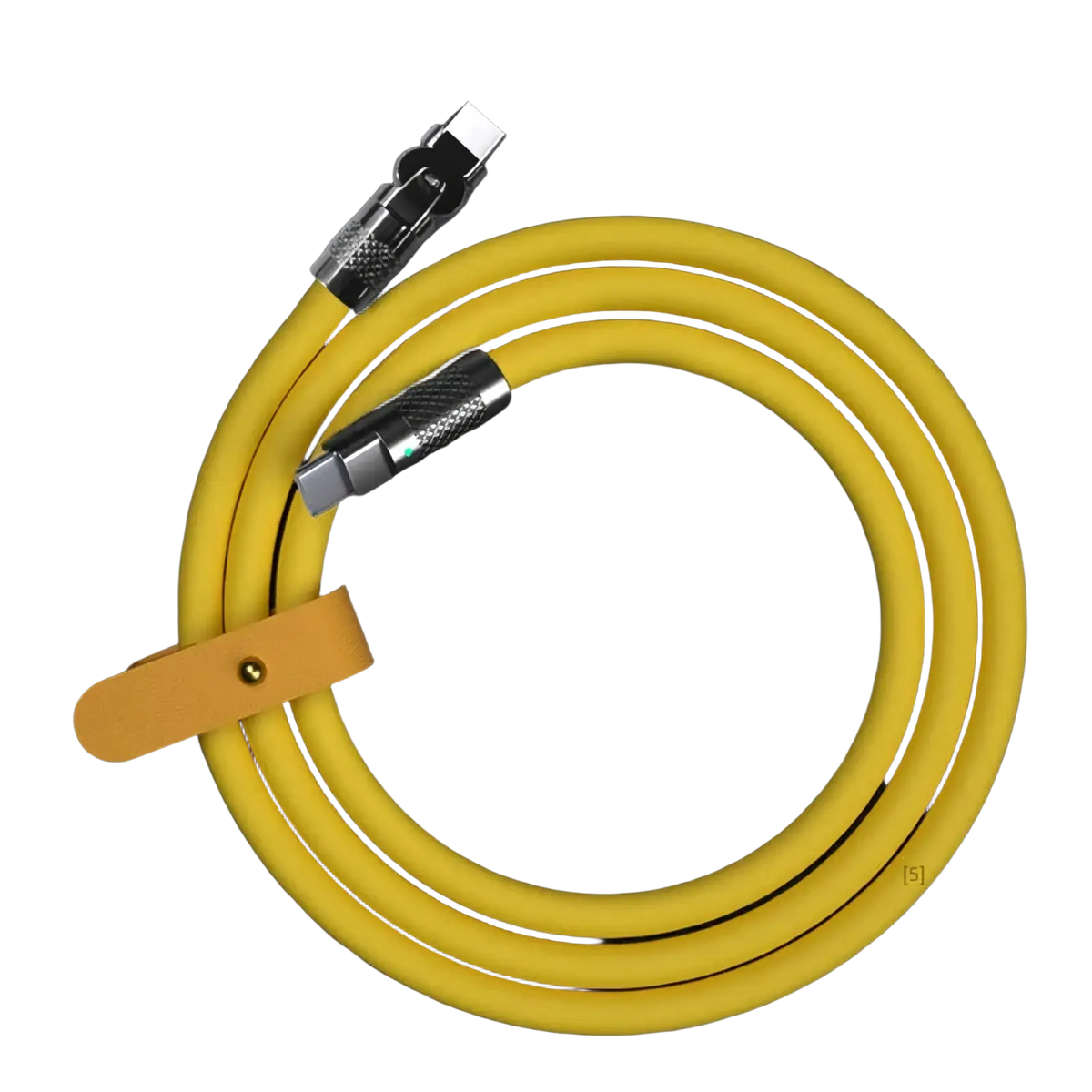 Bright yellow 120w rotating silicone usb c cable with textured metallic connectors and tan leather strap