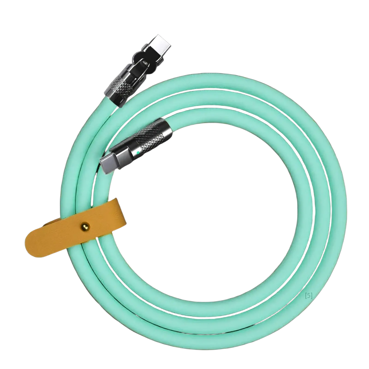 A mint green braided 120w rotating silicone usb c cable with metallic connectors and tan leather strap