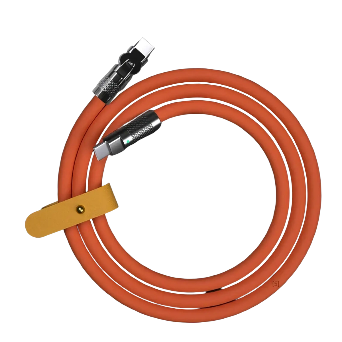 Orange braided 120w rotating silicone usb c cable with metallic connectors and yellow leather strap for durability