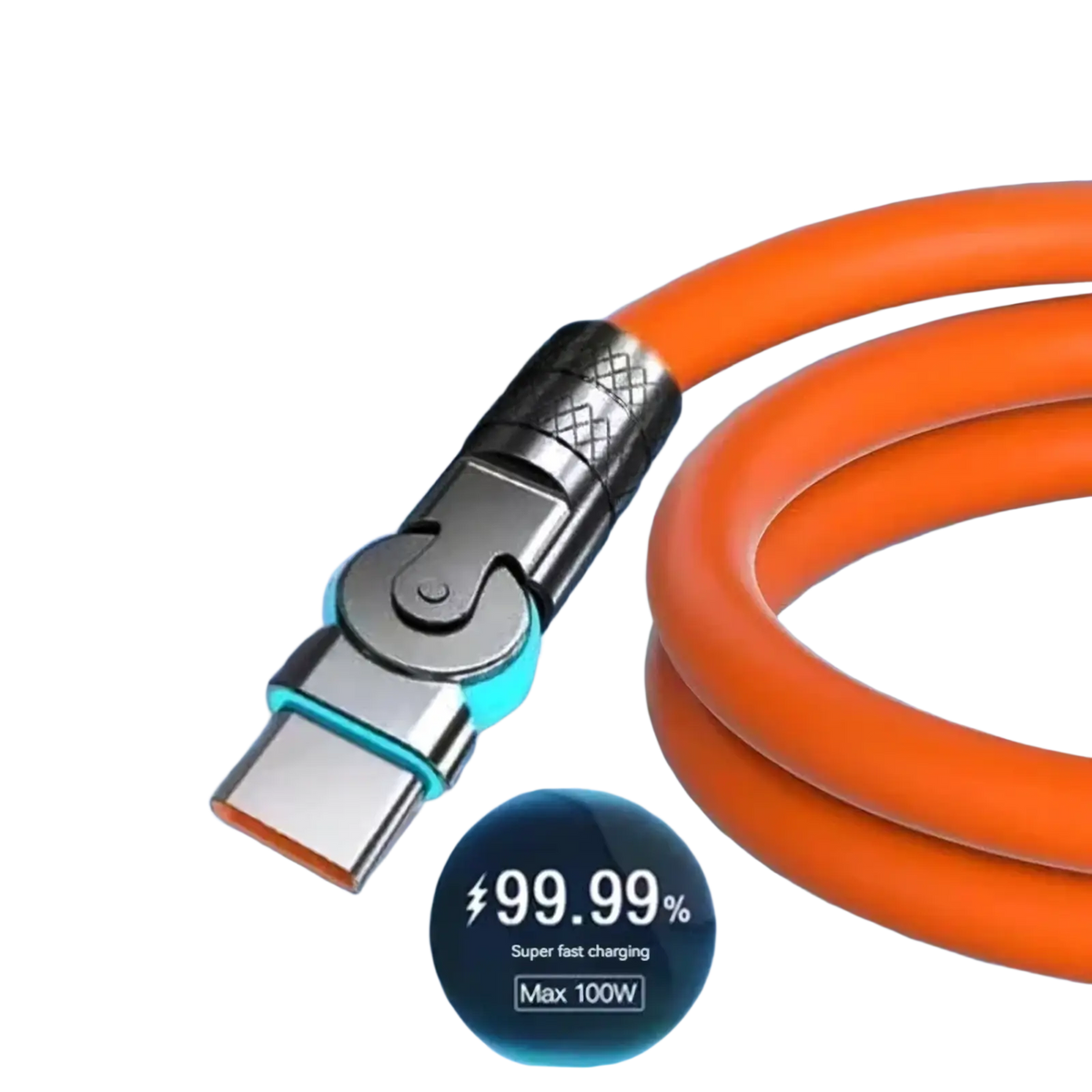 120w rotating silicone usb c cable in orange with metallic 180 degree rotating elbow connector and zinc alloy wire