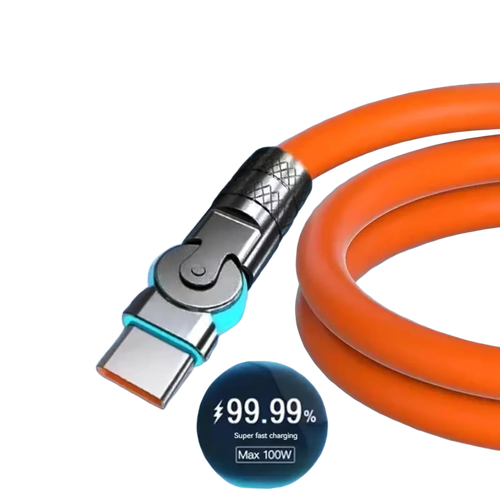 120w rotating silicone usb c cable in orange with metallic 180 degree rotating elbow connector and zinc alloy wire