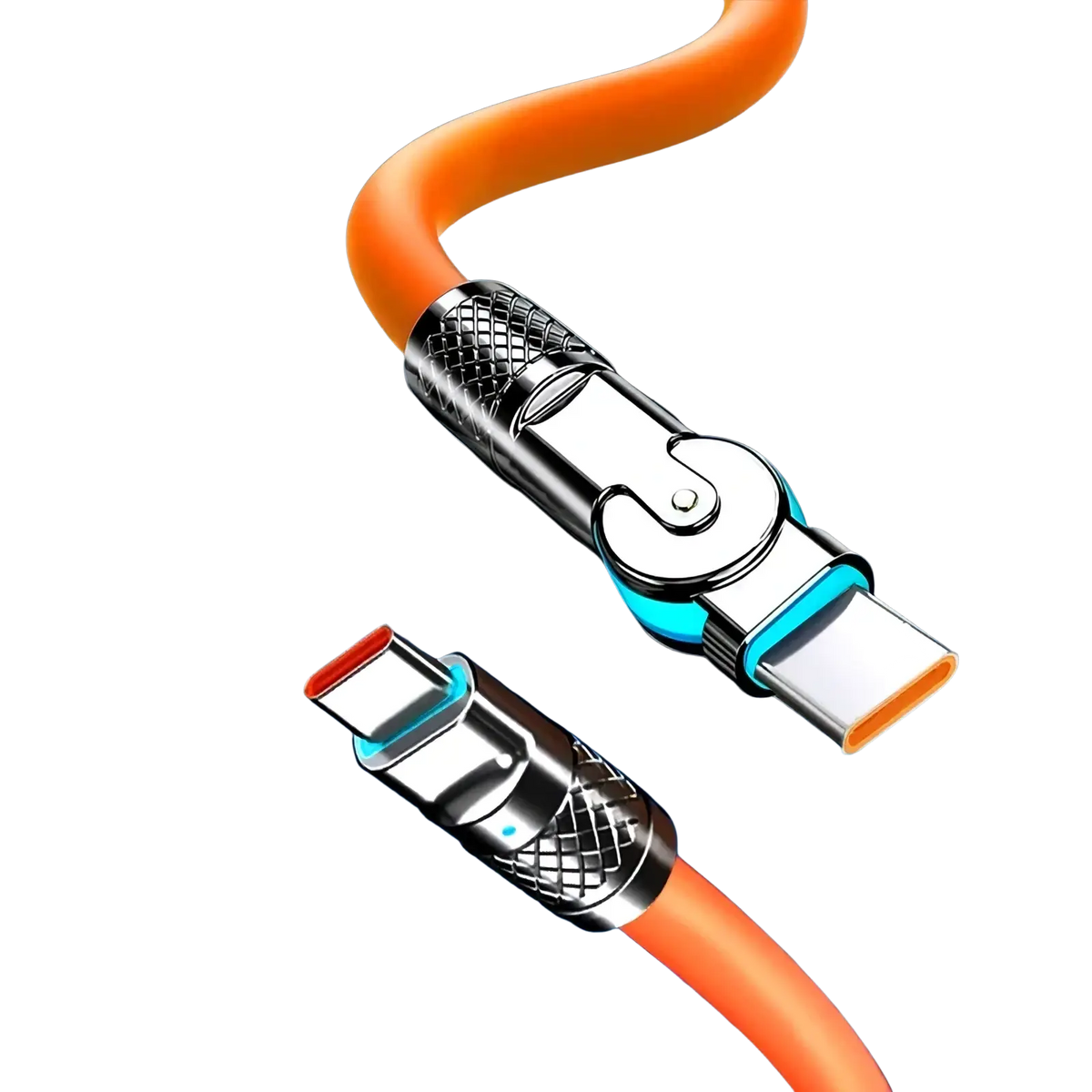 Orange 120w rotating silicone usb c cable with zinc alloy interface and 180 degree rotation type-c to type-c charger