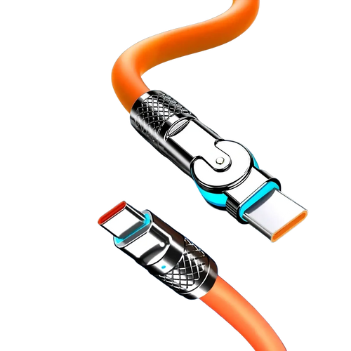 Orange 120w rotating silicone usb c cable with zinc alloy interface and 180 degree rotation type-c to type-c charger
