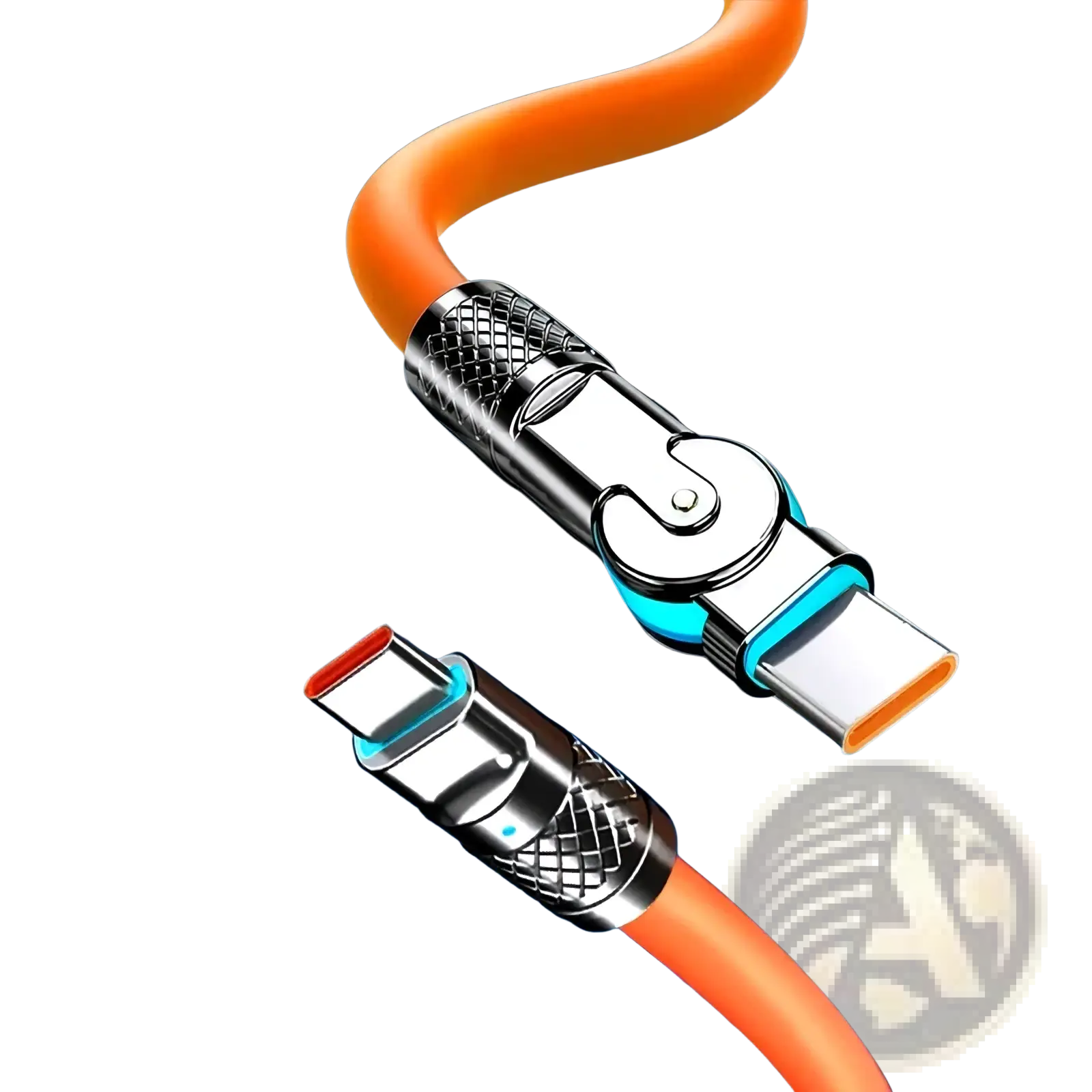 Orange 120w rotating silicone usb c cable with zinc alloy interface and 180 degree rotation type-c to type-c charger