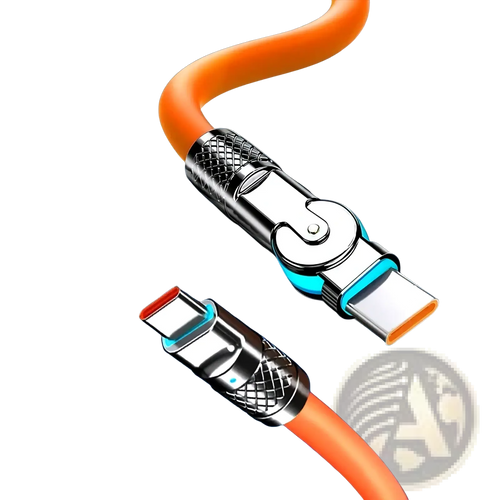 Orange 120w rotating silicone usb c cable with zinc alloy interface and 180 degree rotation type-c to type-c charger