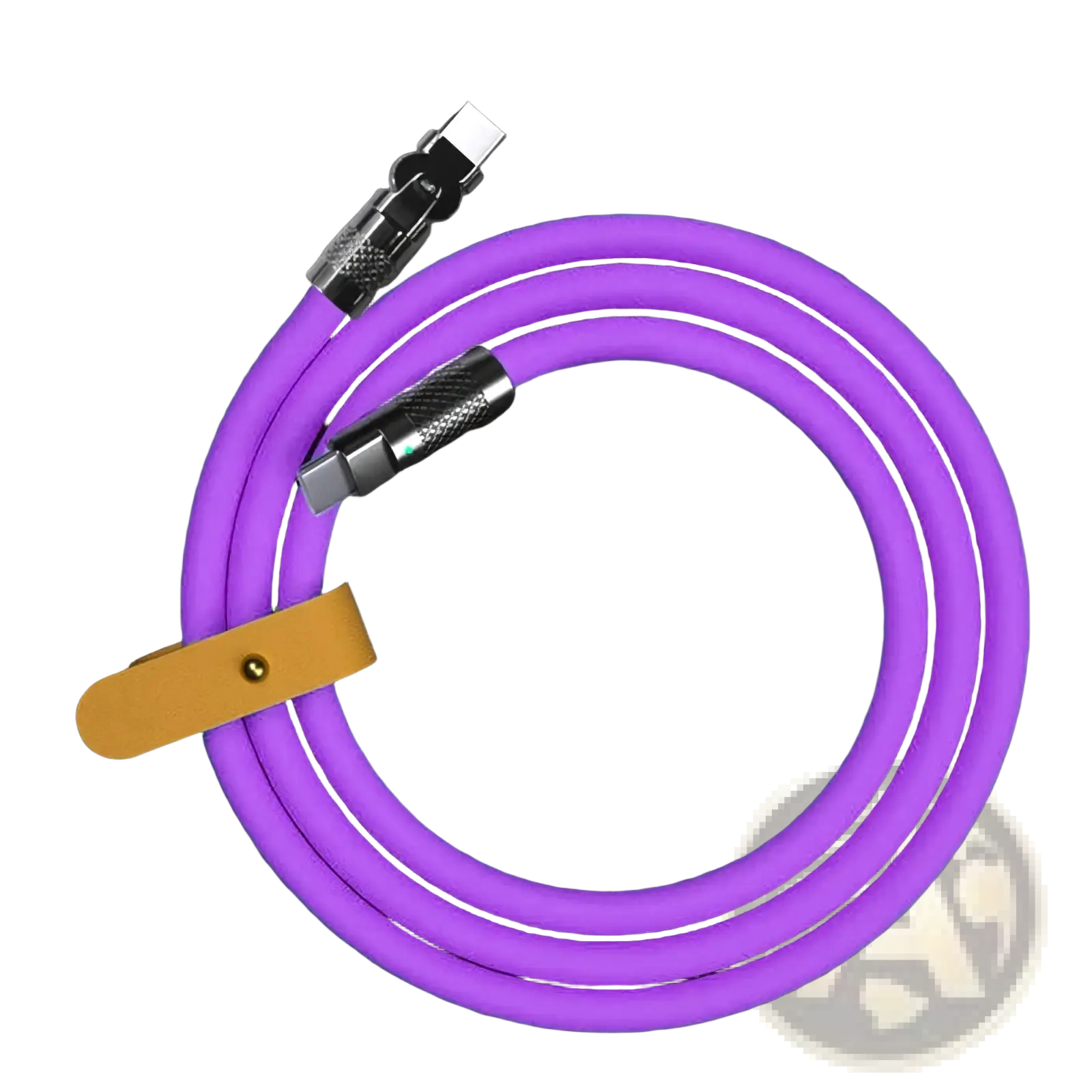 Purple 120w rotating silicone usb c cable with metallic connectors and tan leather strap for organized charging