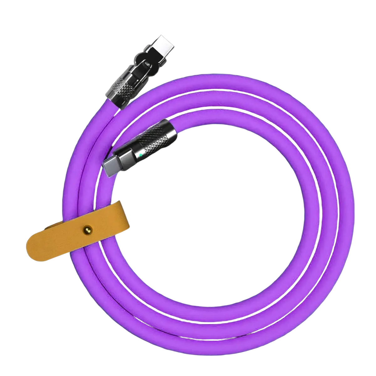 Purple 120w rotating silicone usb c cable with metallic connectors and tan leather strap for organized charging