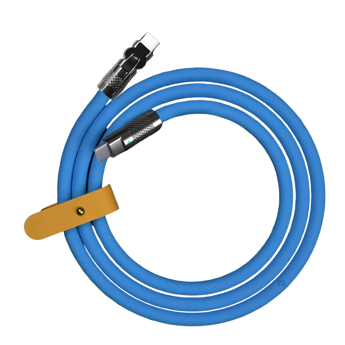 A vibrant blue braided 120w rotating silicone usb c cable with metallic connectors and a yellow leather strap