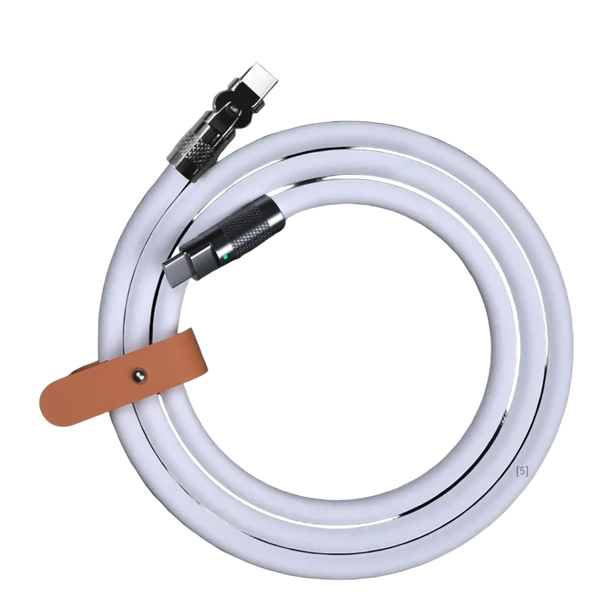 120w rotating silicone usb c cable in white with black inner stripes metallic connectors and tan leather strap
