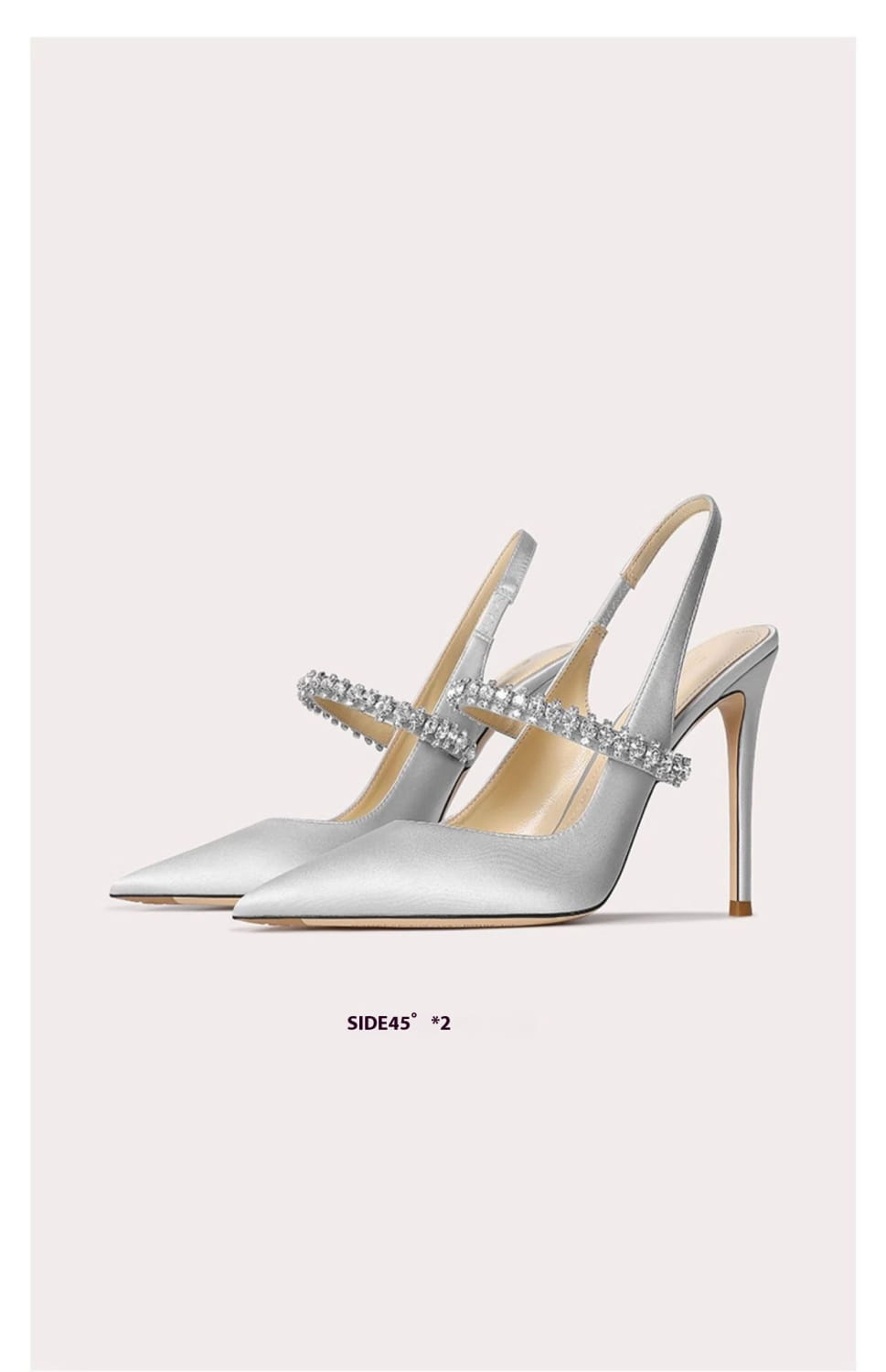 silver satin slingback pointed toe high heels featuring a sparkling crystal strap and a slender high heel