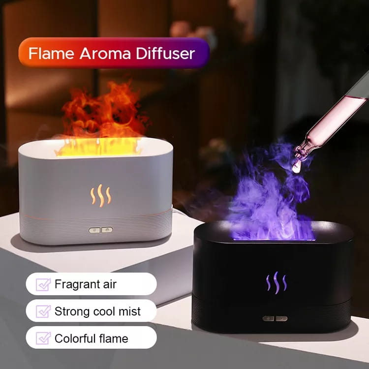 White and black flame humidifier rgb essential oil aroma diffusers with sleek cylindrical designs and glowing orange and purple flames featuring subtle wave patterns on the front.