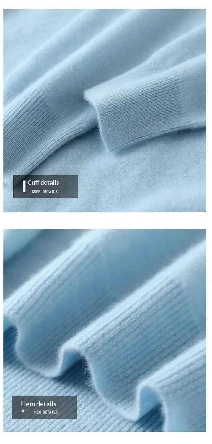 Hellblauer, gestrickter Herren-Halbkragenpullover: Ärmelbündchen und Saum mit gerippter Struktur.