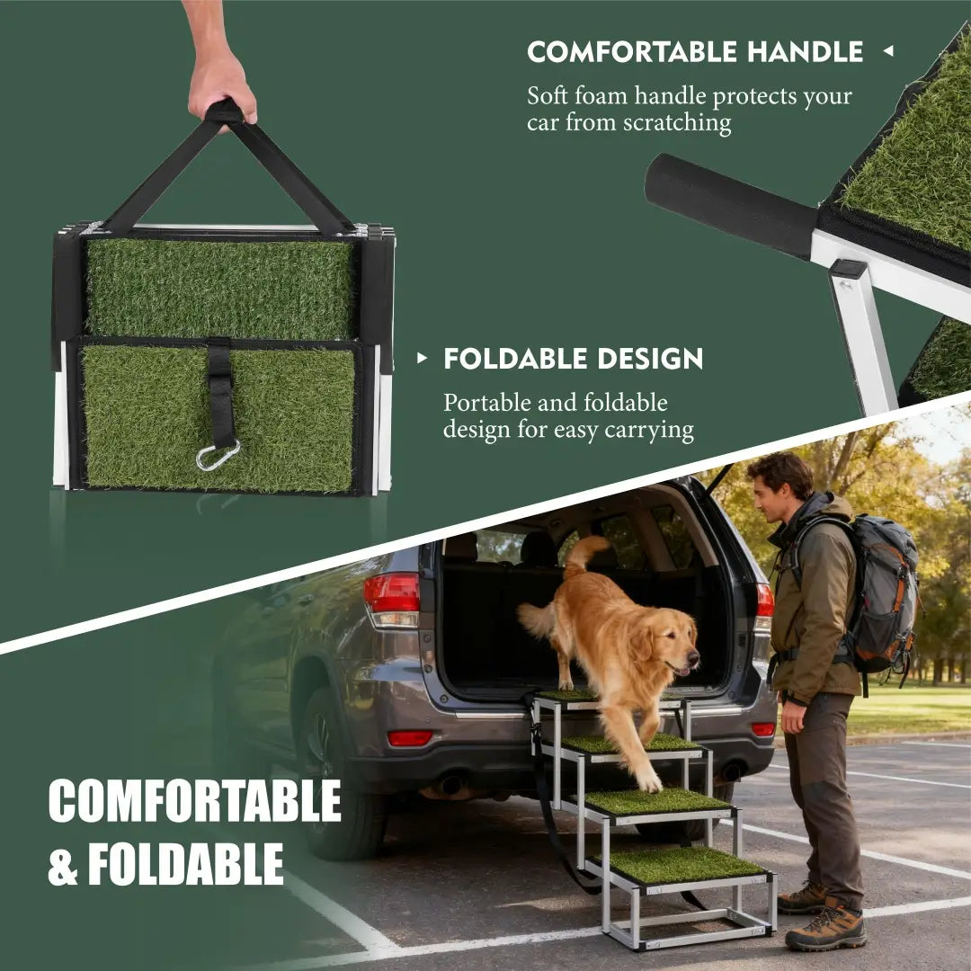foldable dog ramp for cars and suvs with artificial grass steps and a soft foam handle designed for safe pet access and 250lb capacity