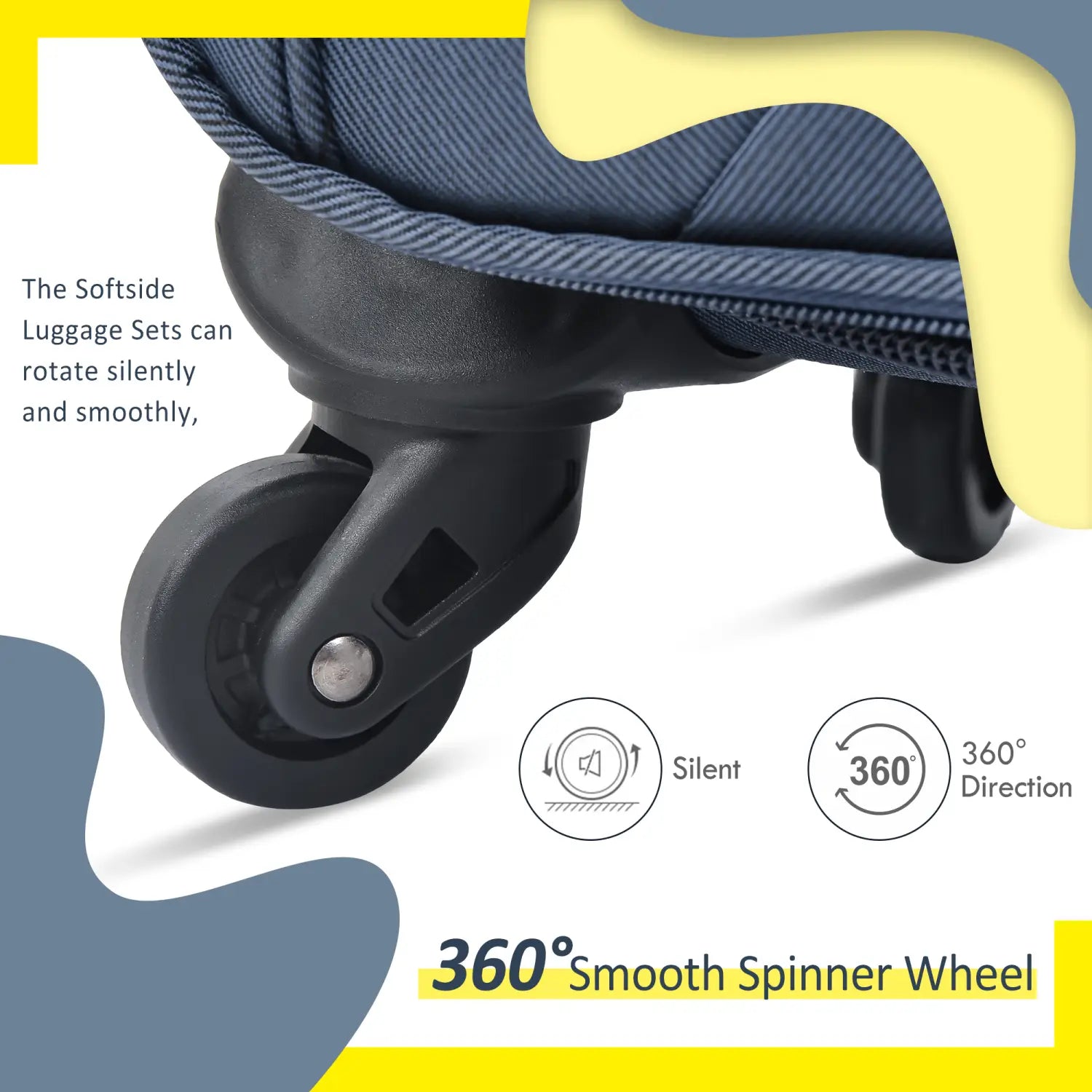 black 360-degree spinner wheel with smooth silent rotation mechanism featured on the navy blue softside expandable 3 piece spinner luggage set