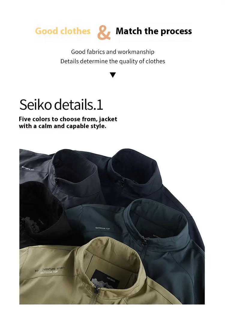 A sleek men casual jacket lightweight outdoor windbreaker with a high collar and zipper closure available in black navy blue and olive green colors.