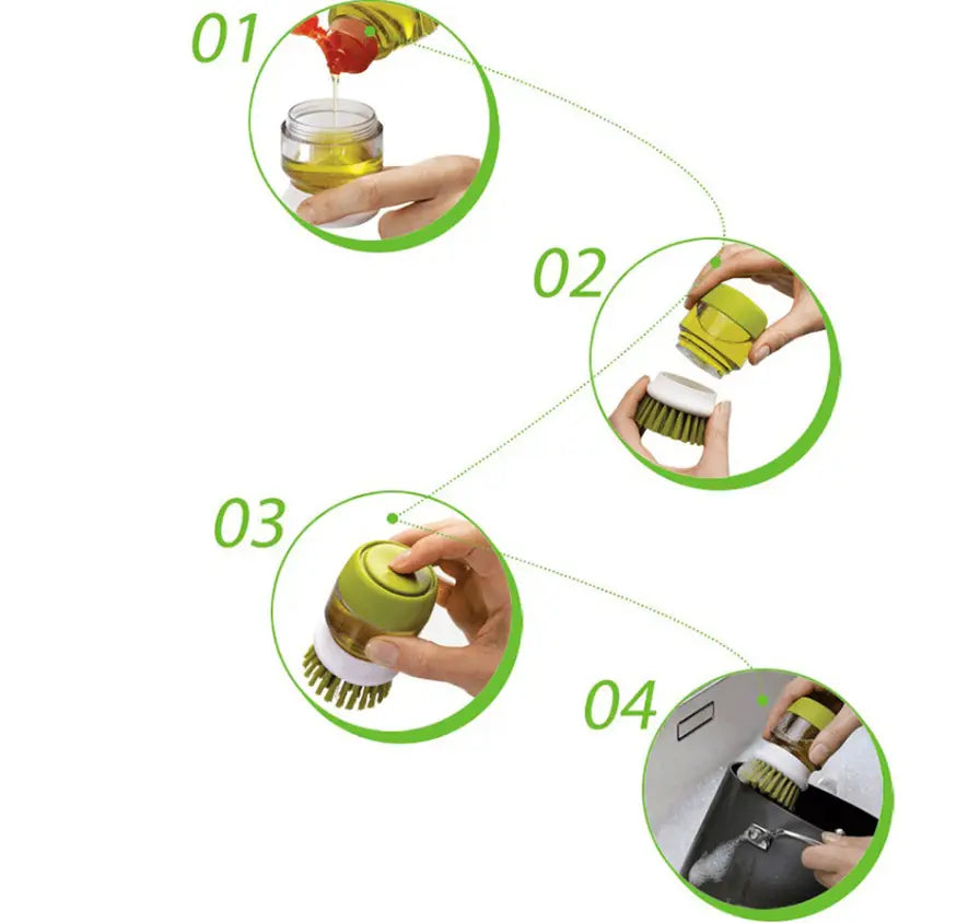 Soap dispensing dish brush with non slip storage base featuring green and white silicone bristles for cleaning kitchen surfaces.