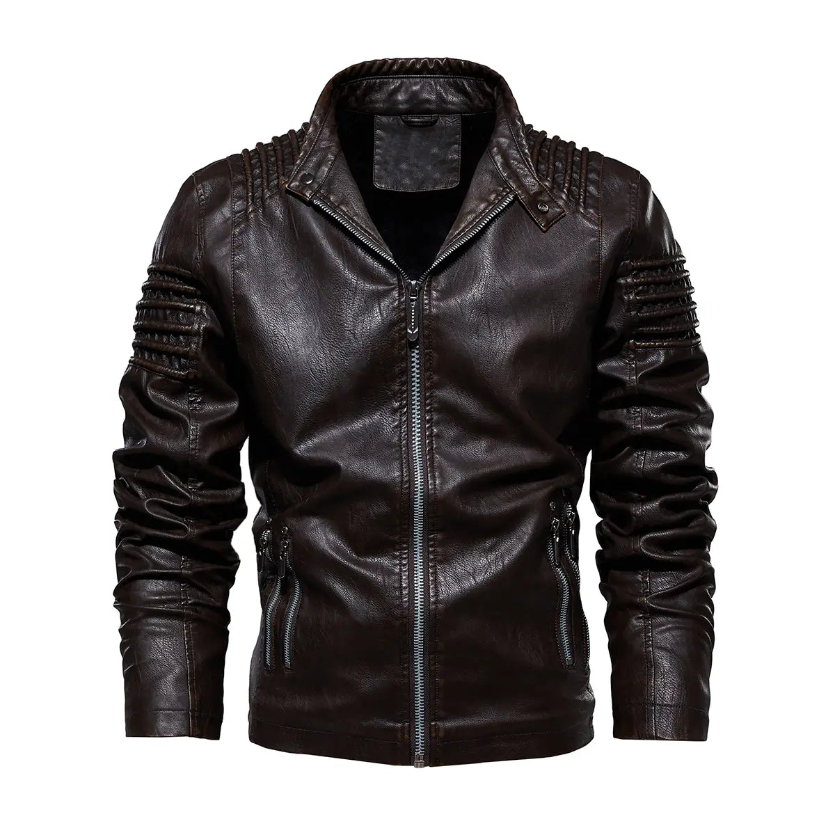 black leather biker jacket with ribbed detailing on shoulders and sleeves shown from the back