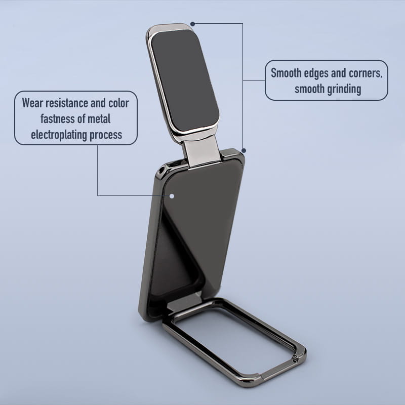 A sleek black and silver metal magnetic phone ring holder foldable desktop stand with smooth edges and a magnetic top.