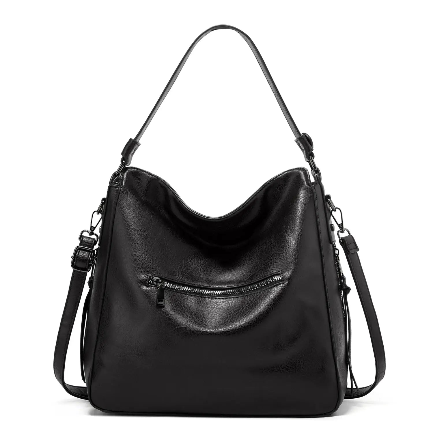 Schwarze Lederschultertasche mit gewölbter Oberseite und verstellbarem Träger, gestaltet als Multi-Reißverschluss-Crossbody-Tote.