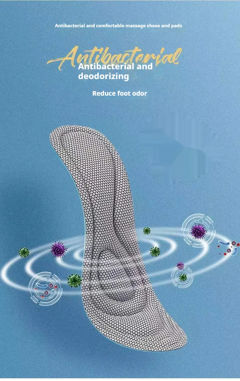 Gray mesh antibacterial massage insole with deodorizing, shock absorbing, and arch support features.