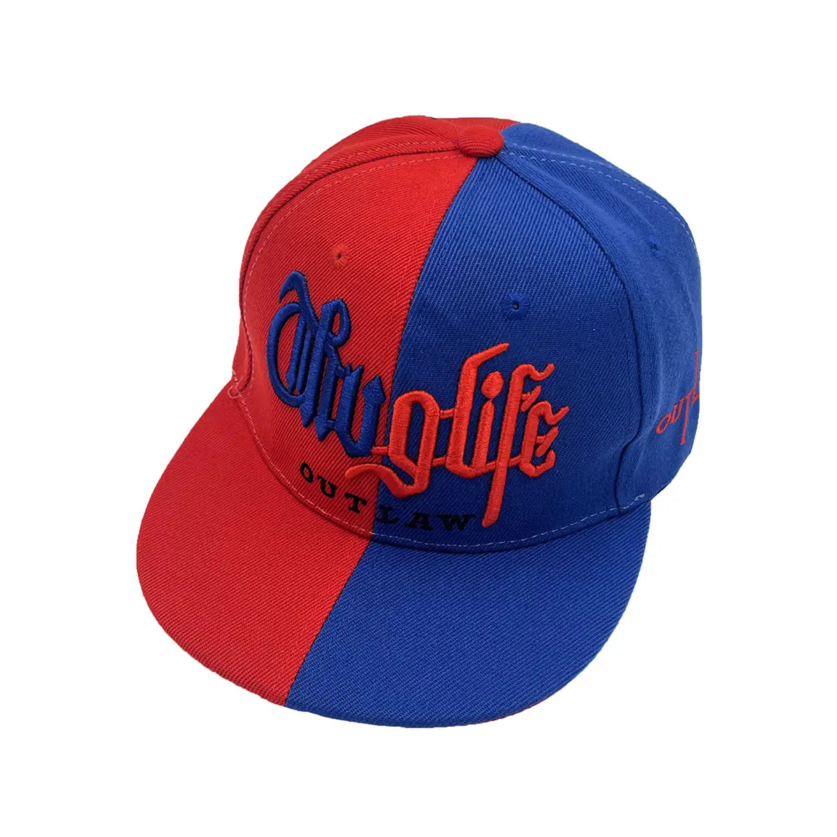 A vibrant red and blue embroidered hip hop snapback cap featuring contrasting script straight life text.