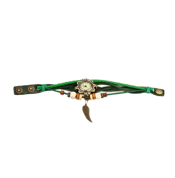 Bohemian green braided leather angel wing wristwatch featuring a vintage-style metal face and attached feather charm.