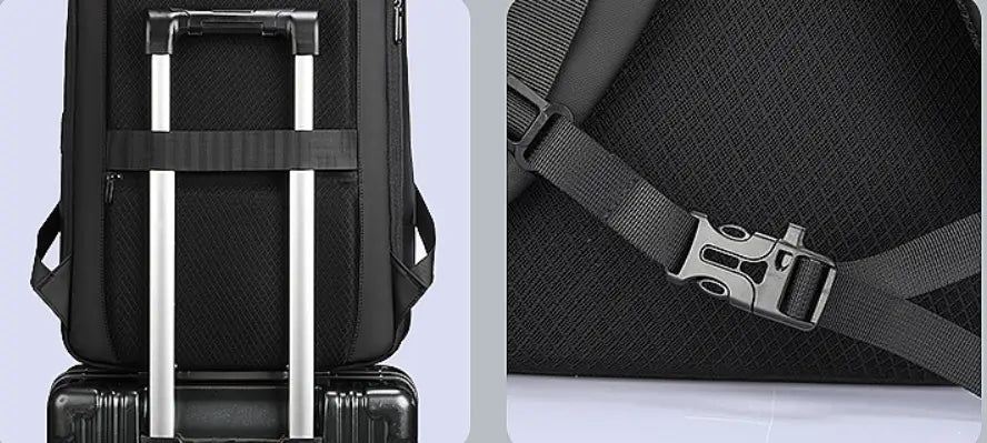 schwarzer strukturierter Stoff-Business-Reiserucksack mit silberfarbenem Metallrahmen und Schnalle, entworfen als eleganter Oxford-Laptop-Rucksack.