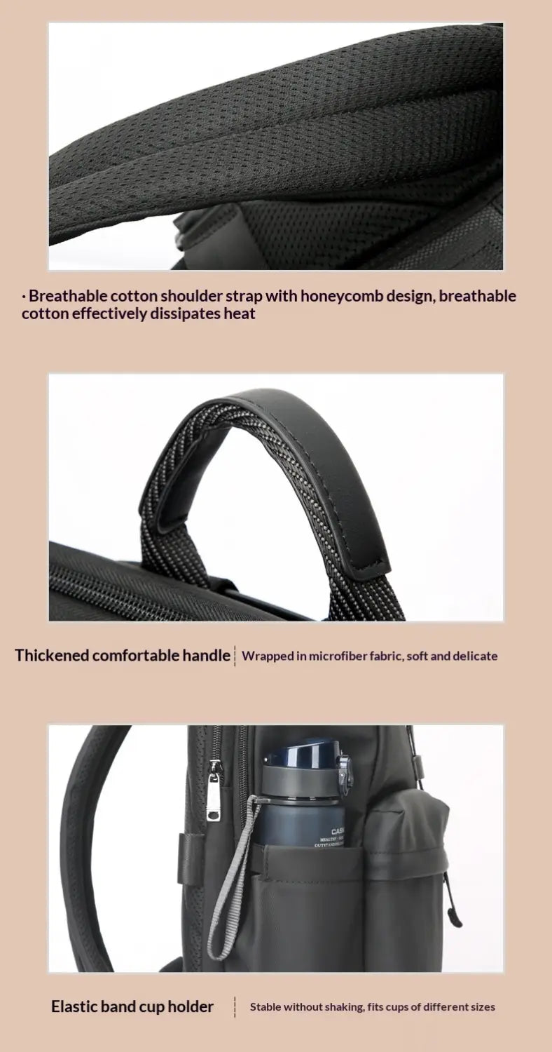 Black roll top business backpack with breathable cotton shoulder strap microfiber handle and elastic cup holder made with water resistant materials and 25 liter capacity