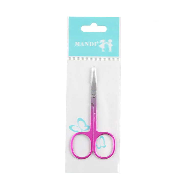 Ciseaux irisés en acier inoxydable pour taille-brow sourcils en forme de papillon, poignées roses et lames argentées, sur une carte bleu clair et blanche.