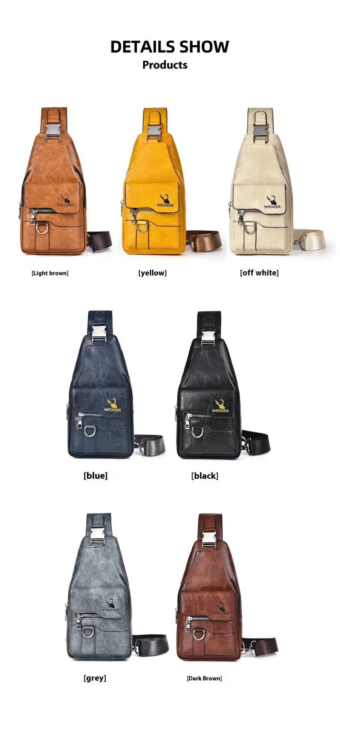 A sleek minimalist men’s retro waterproof faux leather crossbody chest bag with a smooth leather finish and subtle embossed logo detailing.