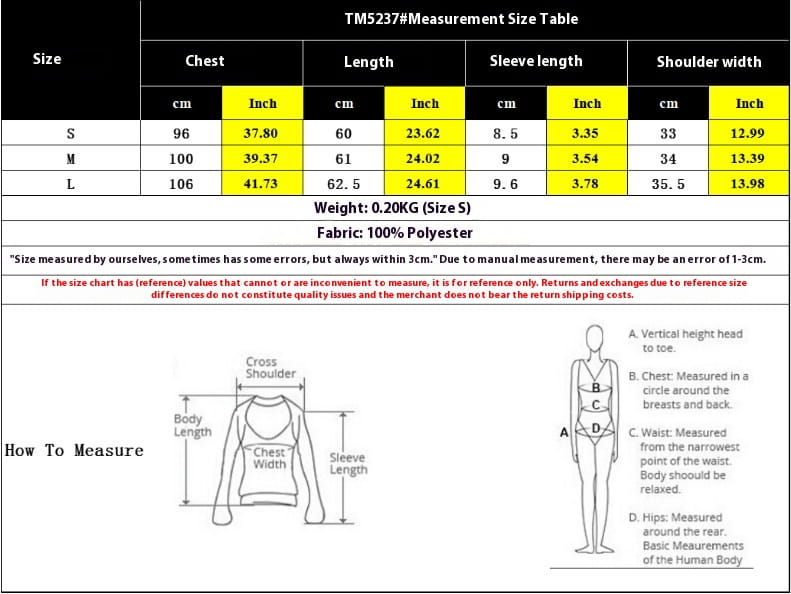 Guide des tailles pour un haut noir en polyester à manches longues, présenté avec des mesures pour le haut sans manches tricoté à passepoil contrastant.