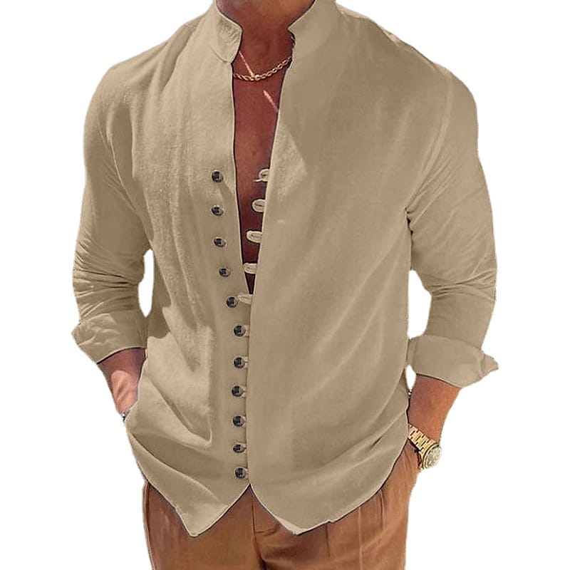 Beige long-sleeved linen blend casual shirt with a mandarin collar and dark buttons, wrinkle resistant.