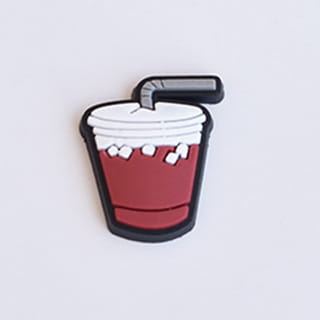 food themed shoe charm of a red drink cup with white foam and a black straw designed for sandals and clogs