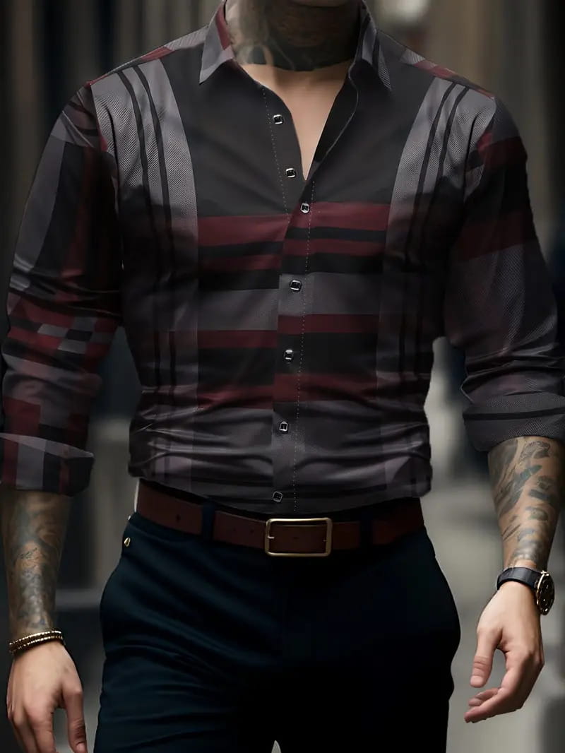 Herren-Hemd im Karolook mit langen Ärmeln im Freizeitstil mit dunklen grauen und bordeauxroten Streifen sowie einem dezenten, strukturierten Muster.