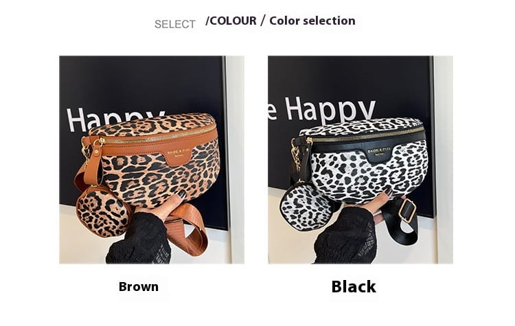 Sac banane à imprimé léopard avec bordure en cuir, présentant une fermeture éclair et une lanière contrastées en brun, et incluant une petite pochette à monnaie ronde attachée sur le côté.