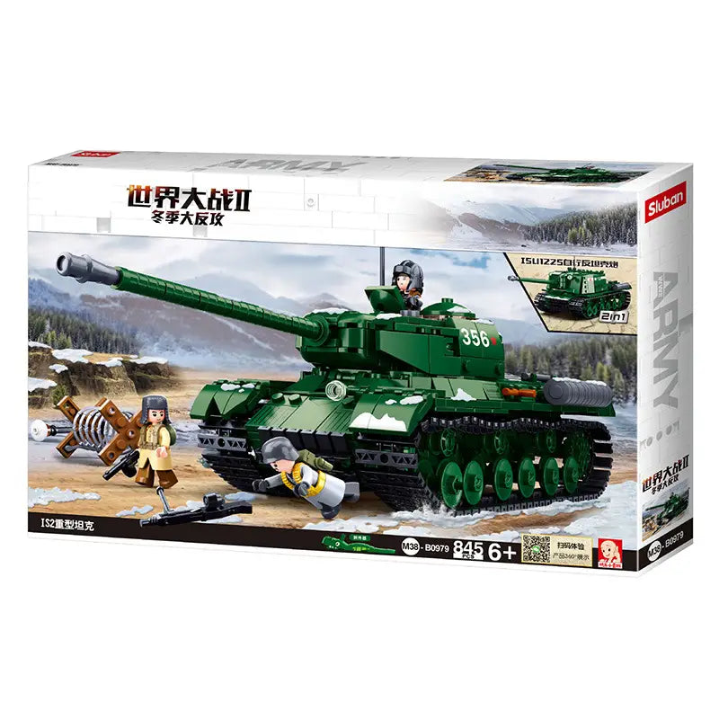 Grünes Kunststoffmodell eines sowjetischen IS-2-Schwerpanzers als Bausatz-Spielzeug mit detaillierten Ketten und einem Turm, auf dessen Seite die Nummer 356 angebracht ist.