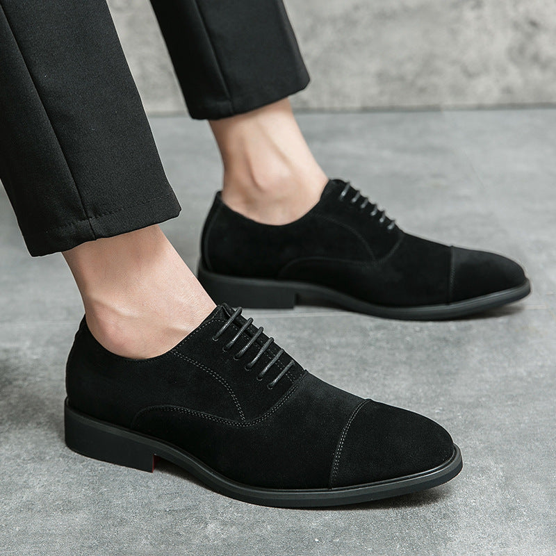 Black suede modern business casual oxford shoes with lace-up closure and classic cap-toe design