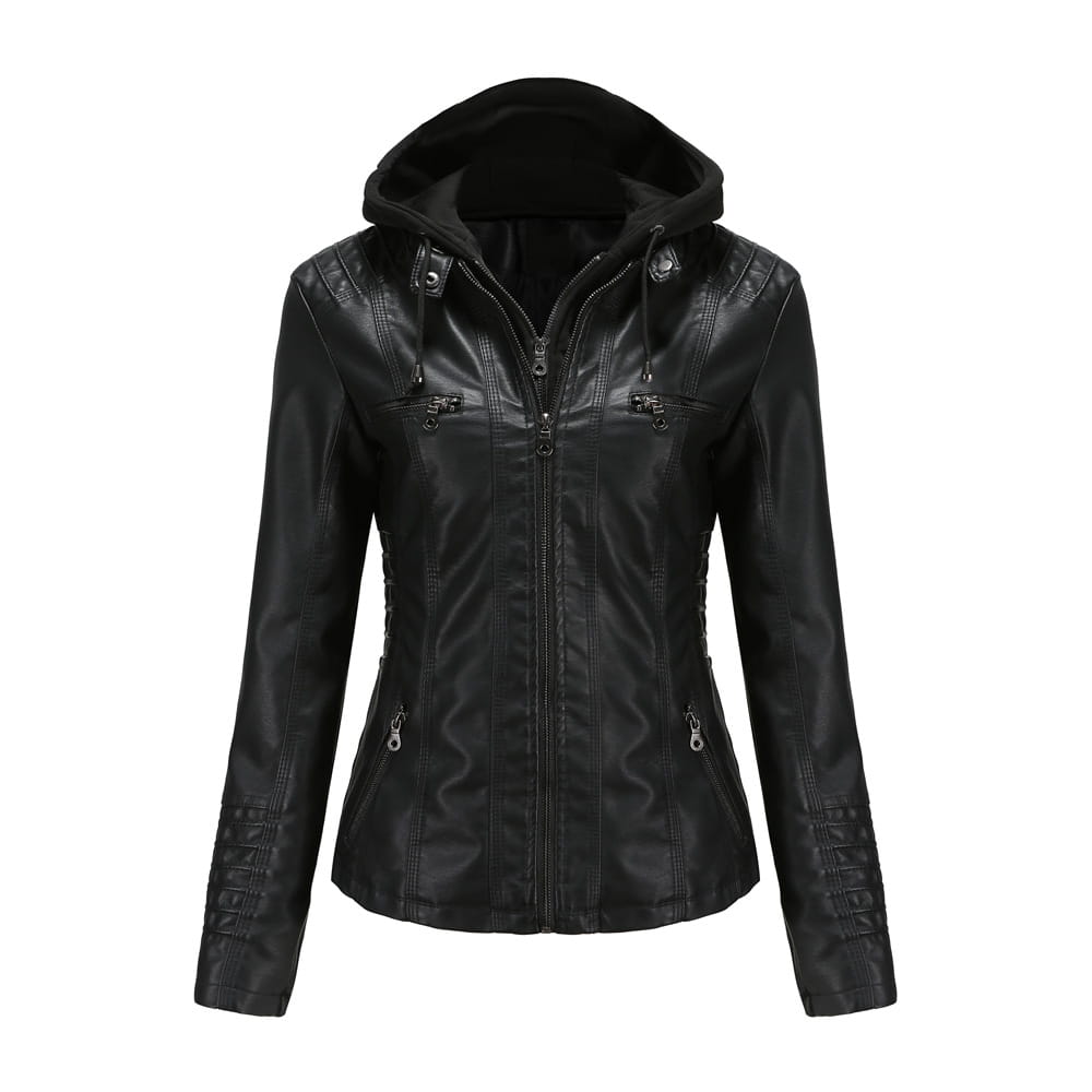 Black faux leather women’s hooded jacket with zippered pockets and reinforced seams from the hooded leather jacket two-piece detachable slim fit collection.