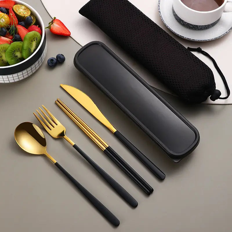 Stainless steel portable cutlery set featuring gold and black utensils with a matching black carrying case.