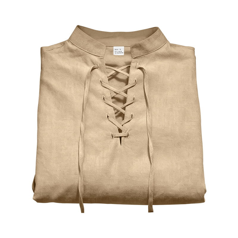 Camisa tipo henley de lino color beige para hombre con cordones, con cuello alto y mangas arremangables.