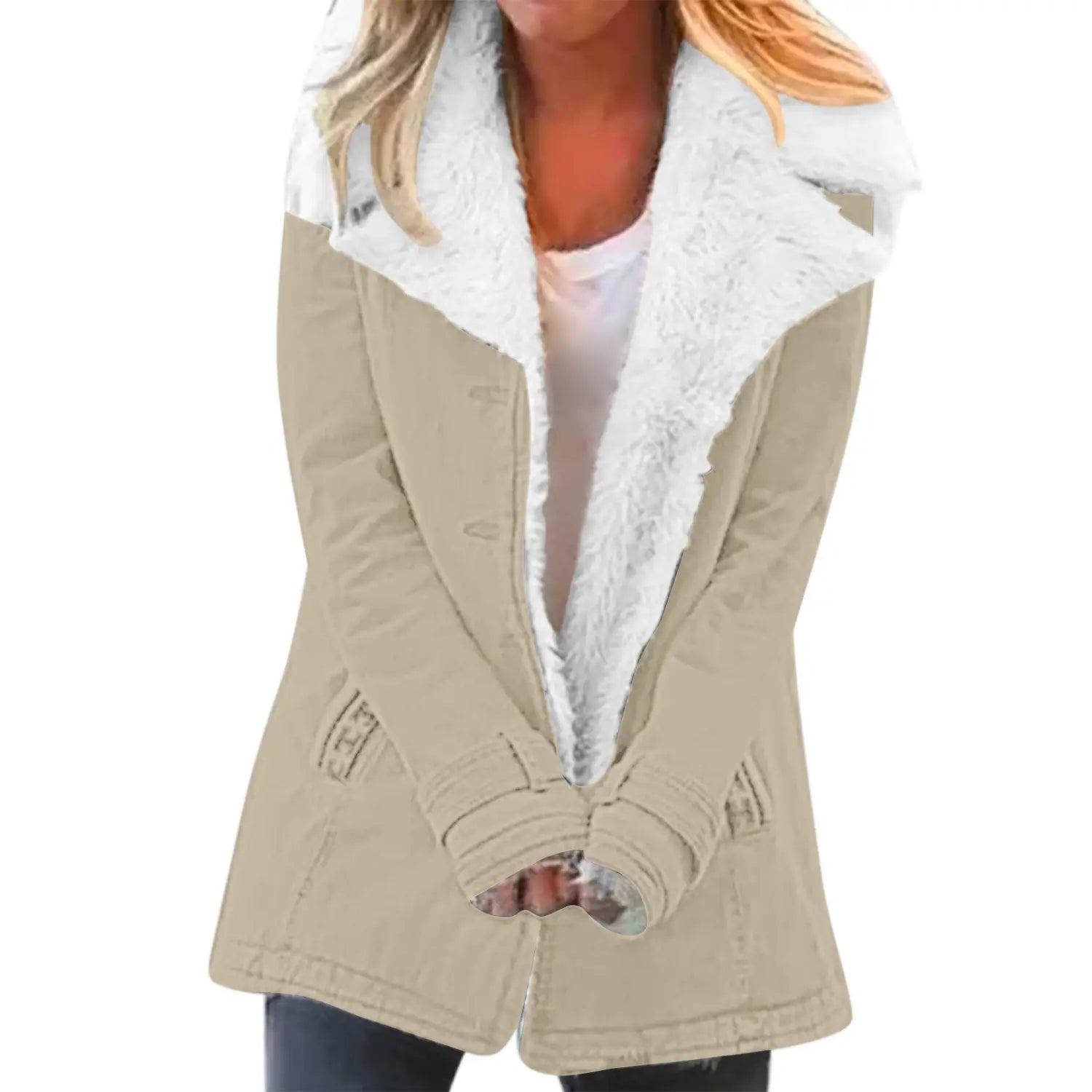 Beige women fleece cotton padded jacket with a plush white shearling collar and front pockets for winter wear.