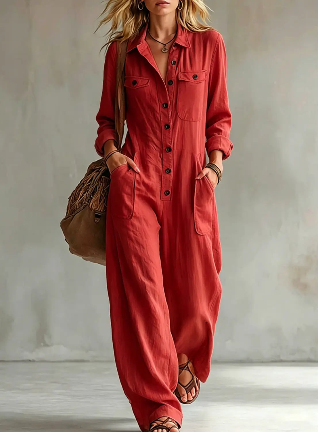 Leuchtend roter Leinen-Casual-Jumpsuit mit langen Ärmeln, Knopf-Vorderseite und zwei Brusttaschen, geeignet für die Arbeitskleidung.